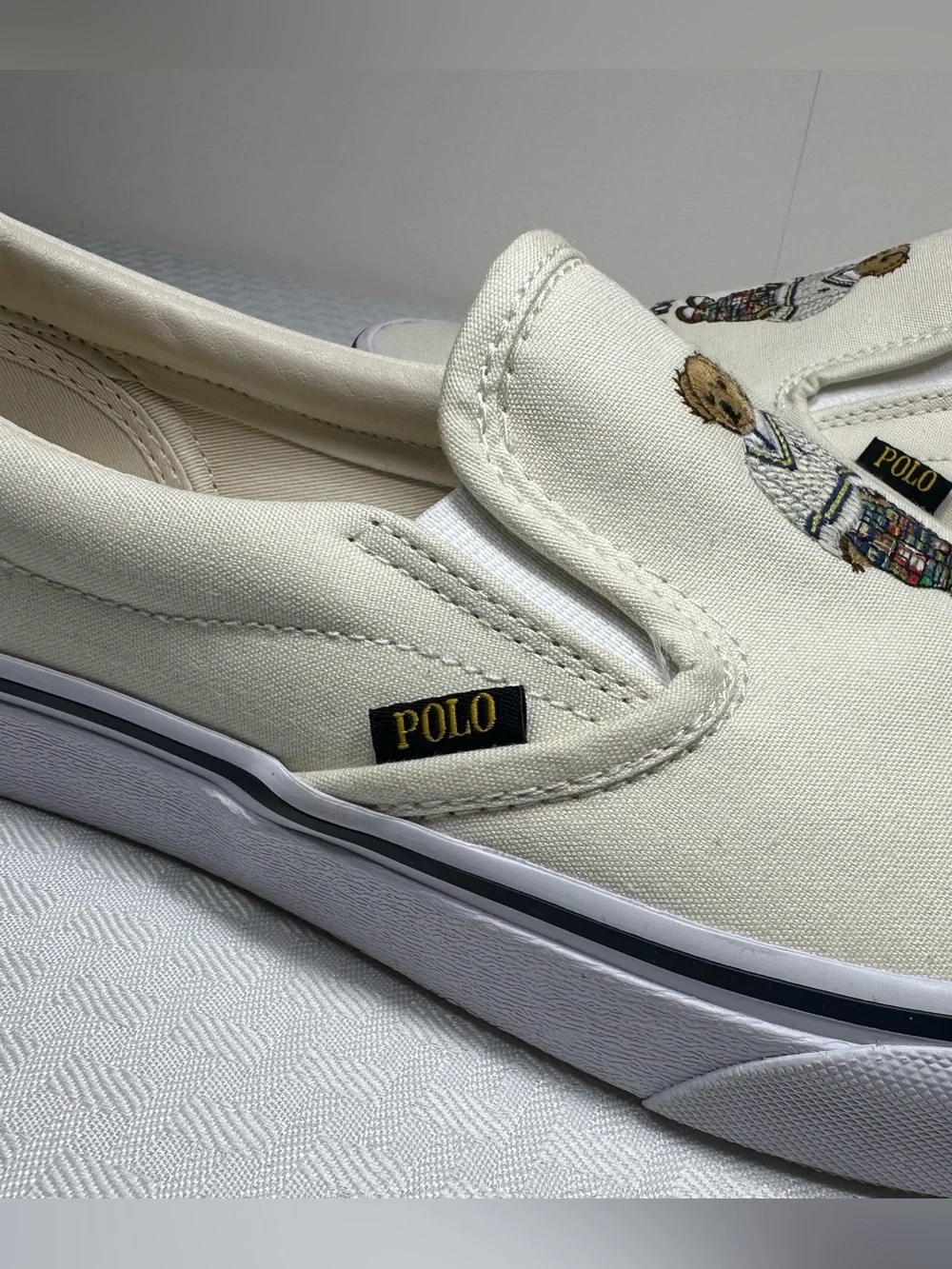 Polo Ralph Lauren Keaton Slip-On Bear Men's 10 Canvas Cream Sneaker Shoes EXC!